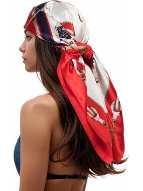 Women's Red White Printed Square Scarf Bandanas Hair Scarf 35 Inches